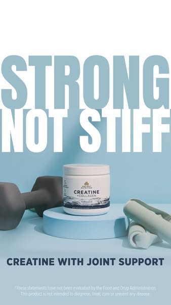 An ad for Ancient Nutrition's Creatine + Collagen supplement features a product shot with the tagline "Strong N