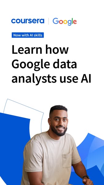 This ad promotes a Coursera course in partnership with Google that teaches data analytics with AI skills. The ad feature