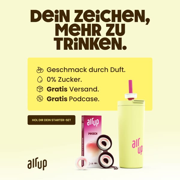 This ad showcases the Air Up water bottle and flavor pods, emphasizing the concept of 'taste through scent' and 