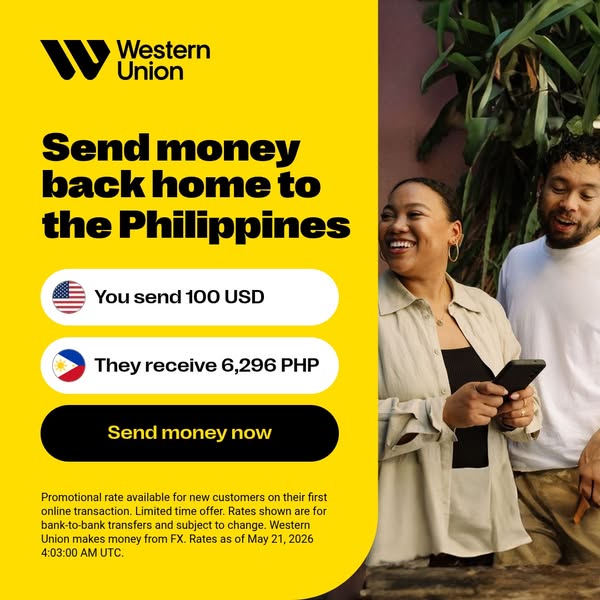 This Western Union ad highlights the ease of sending money back home to the Philippines, emphasizing the exchange rate b