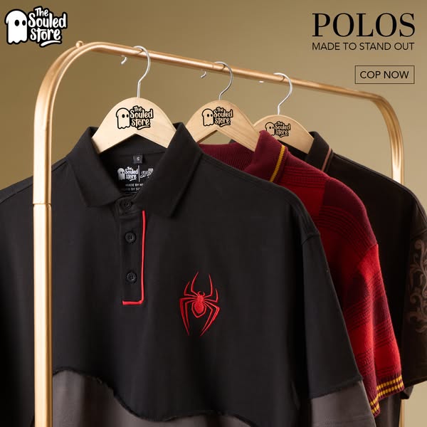 A polo shirt ad showcases three different polo shirts hanging on a gold rack and emphasizes standing out.
