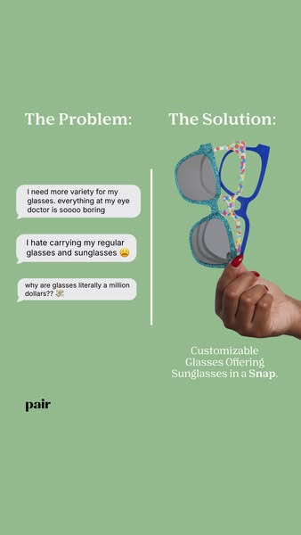 This ad highlights the problem of finding diverse, affordable, and convenient eyewear solutions and positions Pair Eyewe