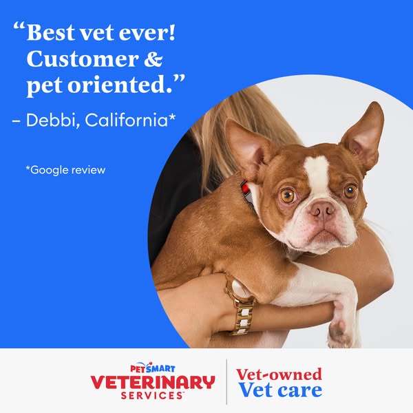 This ad features a testimonial from a customer about PetSmart Veterinary Services. The ad shows a dog being held by a pe