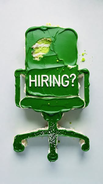 The image is a green office chair made of cake with the word "HIRING?" in white frosting. This ad is likely fo
