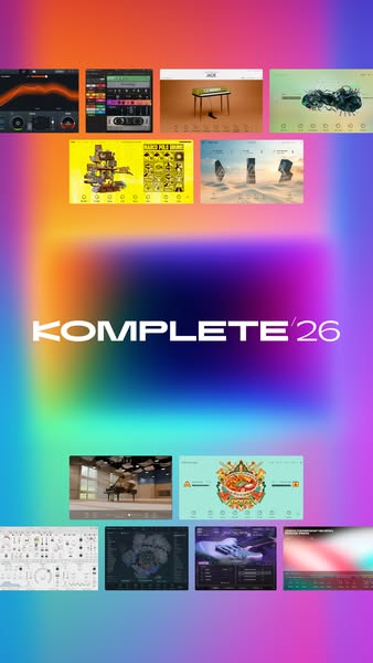 This ad is for Komplete 26, a suite of software and instruments for music production. The ad features a collage-style im
