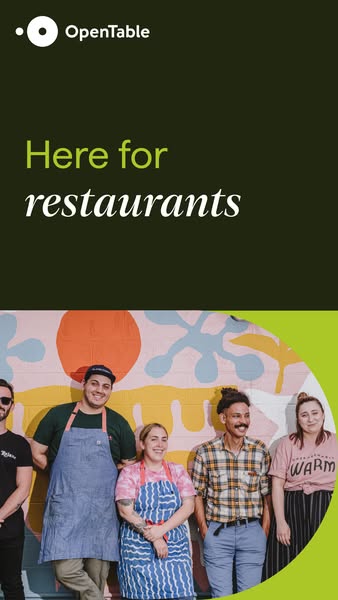 This image ad for OpenTable features a group of restaurant workers standing in front of a colorful mural. The ad's h