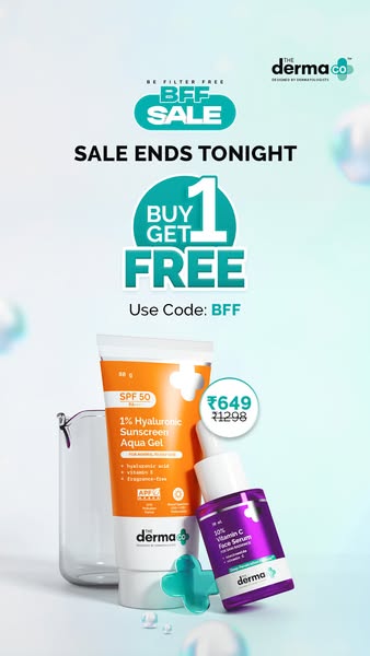 This ad for The Derma Co highlights a buy one get one free sale. The ad features the brand's sunscreen and Vitamin C