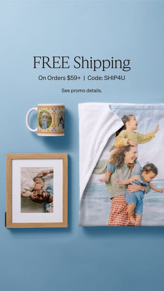 This ad promotes photo printing services, highlighting various customizable products such as a mug, framed print, and bl