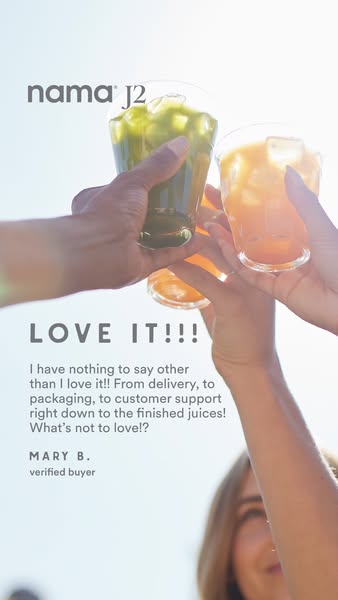 This image ad shows the Nama J2 juicer being endorsed by a verified buyer. The ad showcases fresh juices and includes a 