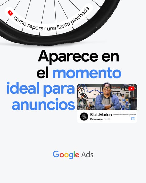 This ad features a bicycle tire and a video ad for Bicis Marlon, a bicycle shop. The ad copy states that the ad appears 