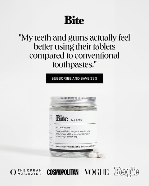 This image ad features a testimonial for Bite toothpaste tablets, highlighting improved teeth and gum feel compared to t