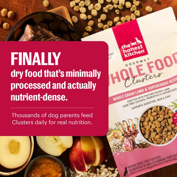 This image ad showcases The Honest Kitchen's Whole Food Clusters dog food, emphasizing its minimal processing and nu