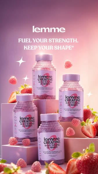 This image promotes Lemme Creatine Body Toning Gummies. The image features several bottles of the product arranged on a