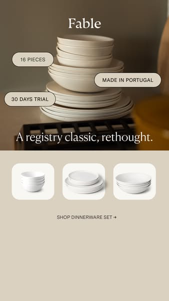 This ad showcases a Fable dinnerware set, highlighting its 16-piece collection, 30-day trial, and Portuguese origin. The