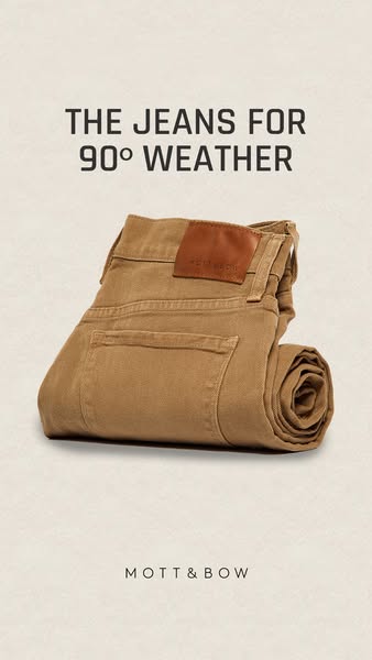 This ad features a folded pair of men's jeans. The ad highlights that the jeans are made for hot weather, and the br