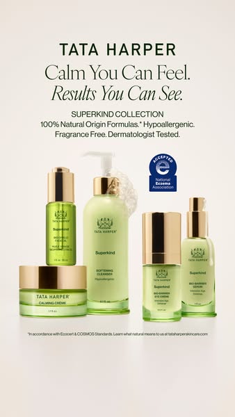 This ad for Tata Harper's Superkind collection features a range of skincare products against a clean backdrop. The m