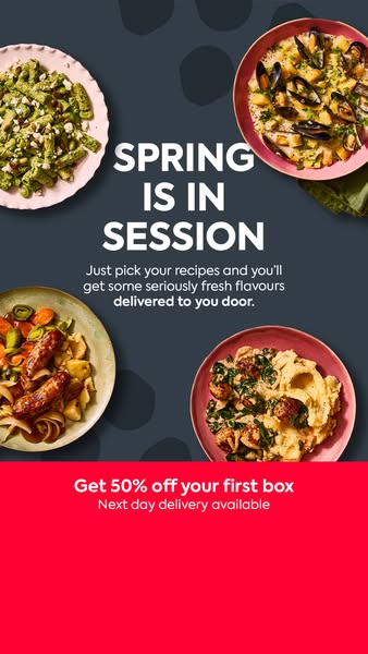 An image ad for a food delivery service highlighting the availability of fresh, spring-themed flavors, and offering 50% 