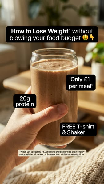 This ad showcases a meal replacement shake that helps consumers lose weight without overspending on their food budget. T