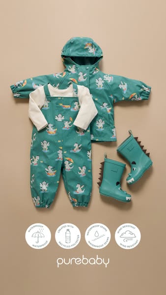 This ad features several pieces of Purebaby brand children's outerwear against a beige background. The ad highlights
