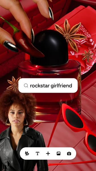 This image ad features a fragrance in a red-themed setting, designed to capture the essence of a 'rockstar girlfrien