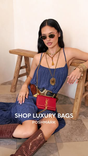 This ad for Poshmark features an image of a woman modeling luxury items that are available for purchase on the platform.