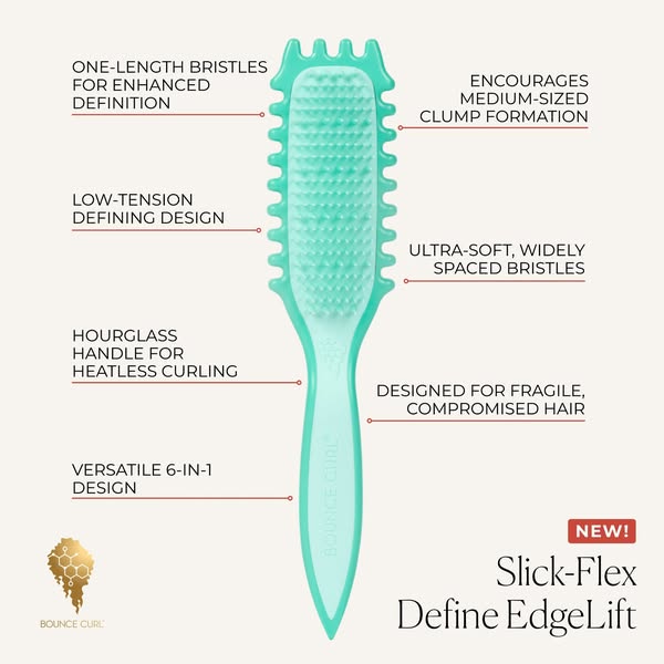 An image ad showcasing the Bounce Curl Slick-Flex Define EdgeLift brush and highlights its features.
