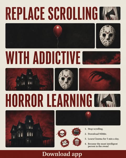 An ad for Nibble, a 'horror learning' app, designed to replace aimless scrolling with consuming addictive horror