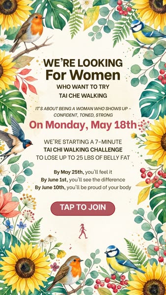 This image ad promotes a 7-minute Tai Chi walking challenge for women who want to lose up to 25 lbs of belly fat.