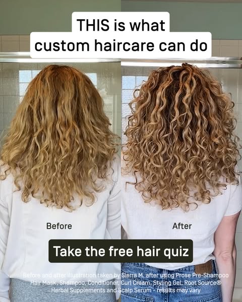 This image ad for Prose uses a before/after split screen to demonstrate the impact of custom haircare. The ad encourages