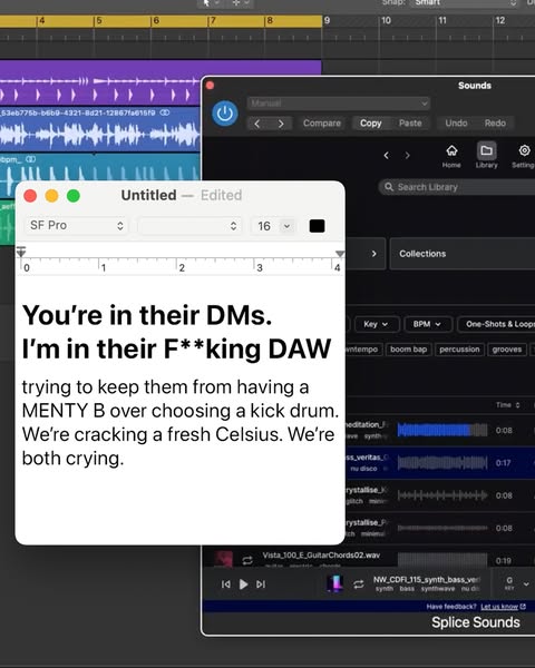 The ad presents a meme-style image contrasting being in someone's DMs versus being in their DAW, highlighting the de