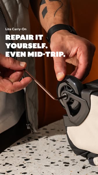 This ad highlights the repairability of the brand's carry-on luggage, showing a person using a tool to fix the wheel