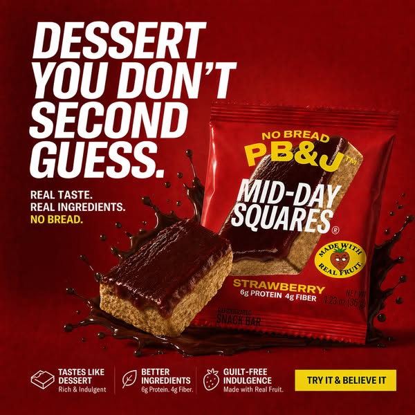 This ad shows a PB&J Mid-Day Squares refrigerated snack bar. The ad shows the product packaging and one of the squar