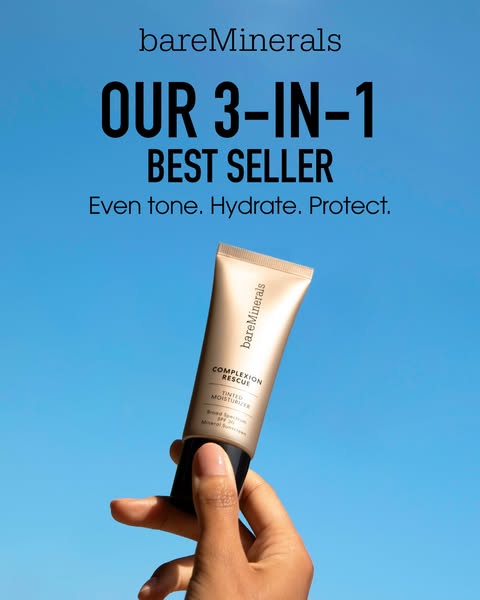 This image ad promotes bareMinerals' Complexion Rescue Tinted Moisturizer as a 3-in-1 product that evens tone, hydra