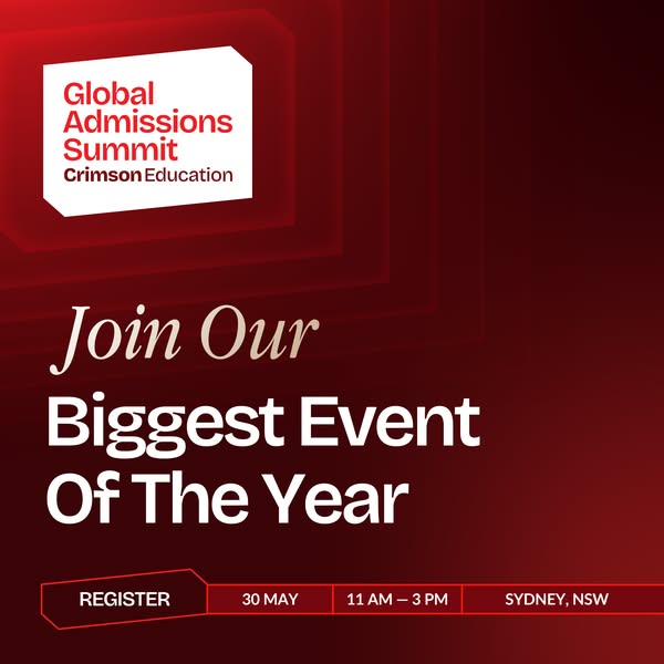 This ad is promoting the Global Admissions Summit by Crimson Education, highlighting it as their biggest event of the ye