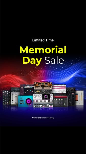This ad is promoting a Memorial Day sale. The ad features a variety of music production software against a red and blue