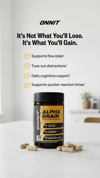 An image ad for Onnit Alpha Brain, a dietary supplement to support focus, memory, and reaction time. The ad highlights f