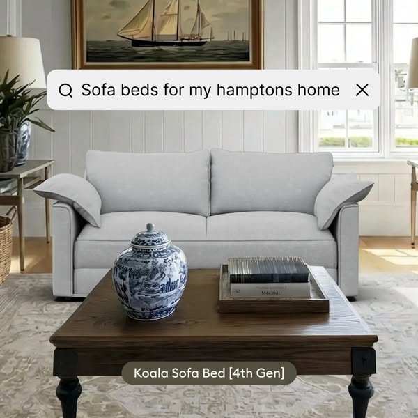 This ad showcases Koala's 4th generation sofa bed in a curated living room setting. The ad mimics a user's searc