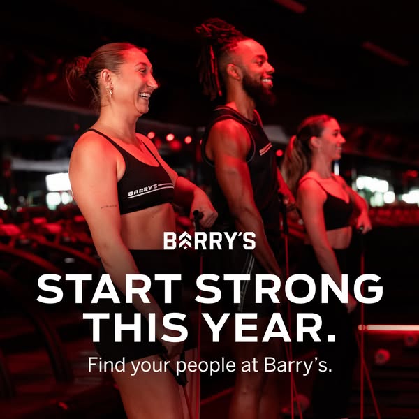 This image ad for Barry's features three people in workout gear using resistance bands in a Barry's studio. The 