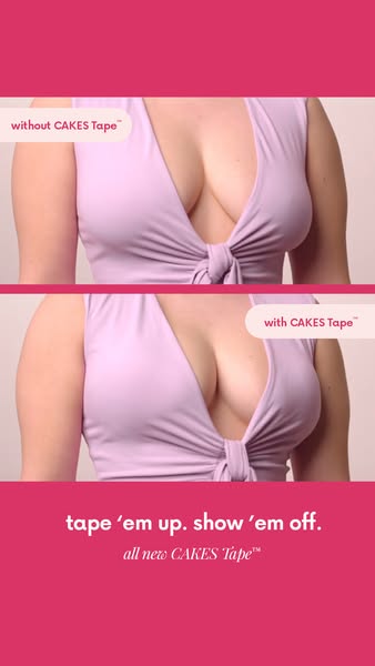 This image ad uses a before-and-after format to showcase the results of CAKES Tape. The ad features a woman wearing a li