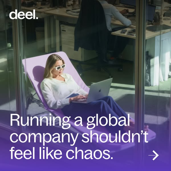 This image ad for Deel features a woman sitting in a lounge chair inside an office, working on a laptop. The ad suggests