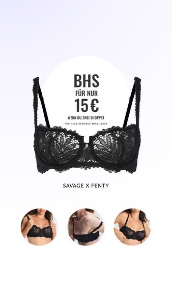 This is an ad for Savage X Fenty bras. The ad features a black lace bra against a white background. The ad states that b