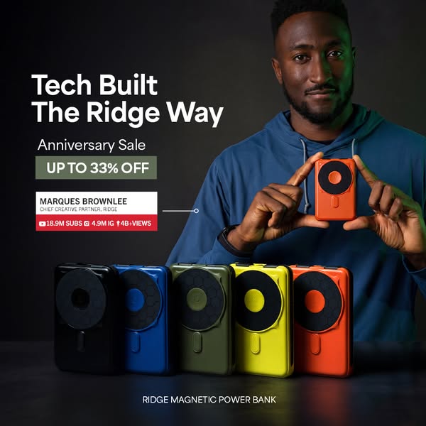This image ad for The Ridge promotes their magnetic power bank. It features an image of Marques Brownlee, Chief Creative