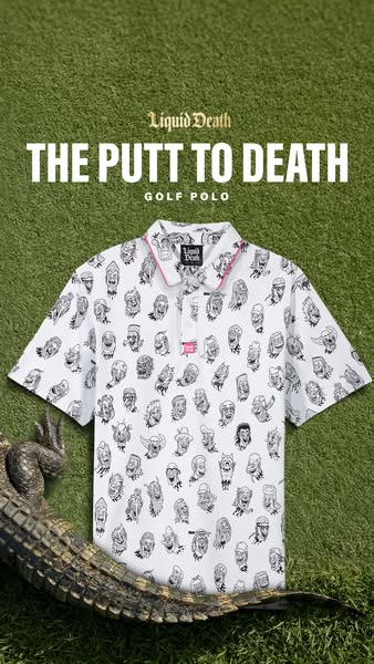 This image ad features a Liquid Death golf polo. The polo is white with a black and white illustrated pattern of ghoulis