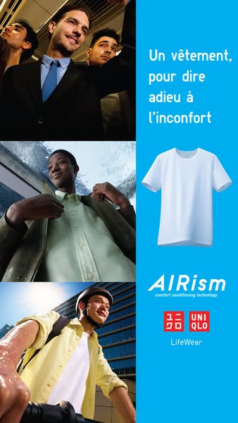 This ad for Uniqlo's AIRism product line features three men in different situations, from riding public transportati