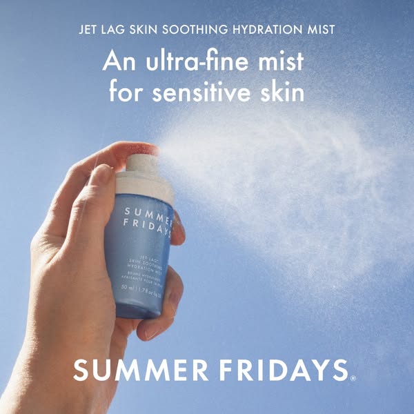 This ad showcases the Summer Fridays Jet Lag Skin Soothing Hydration Mist. The ad shows a hand holding the product and s