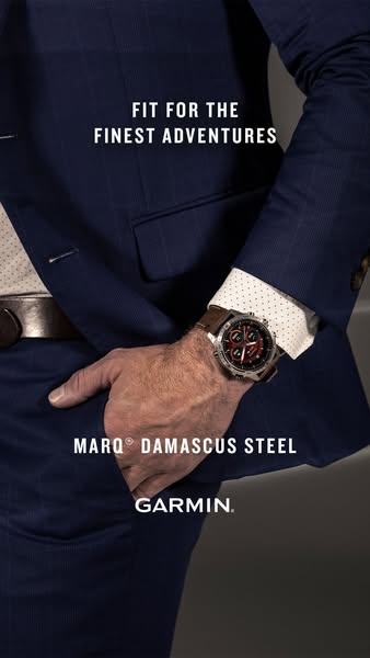 This ad showcases a Garmin MARQ watch with a tagline that emphasizes its suitability for great adventures, set against t