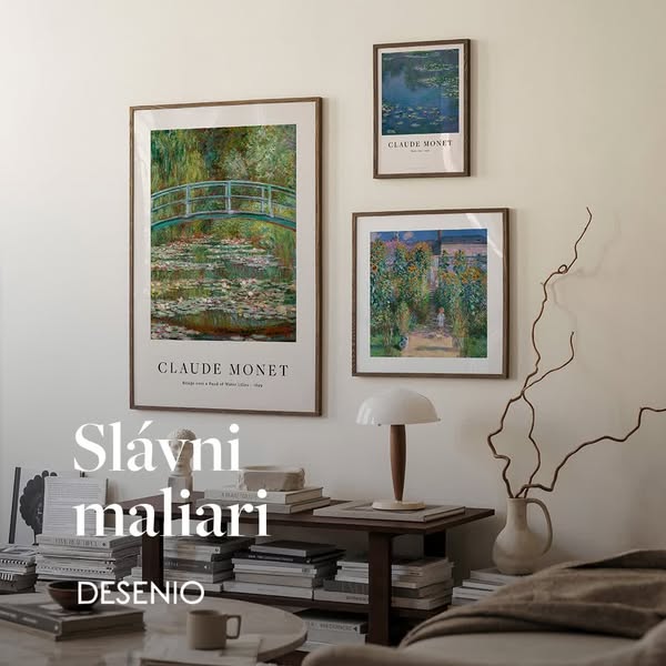 This ad showcases framed prints from Desenio, featuring the artwork of Claude Monet. The prints are displayed in a styli