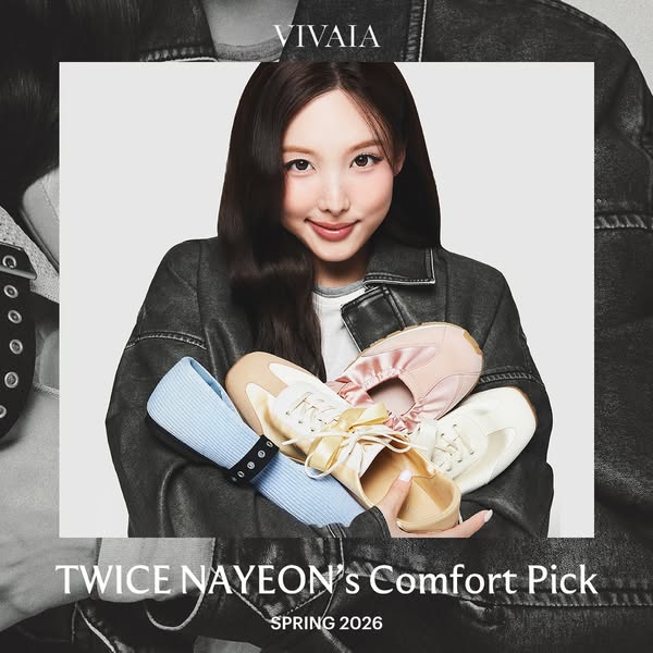 This ad features TWICE NAYEON holding up VIVAIA shoes with the headline "TWICE NAYEON'S Comfort Pick" and 