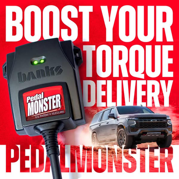 This image ad promotes PedalMonster, a product designed to enhance a vehicle's torque delivery. The ad features a cl