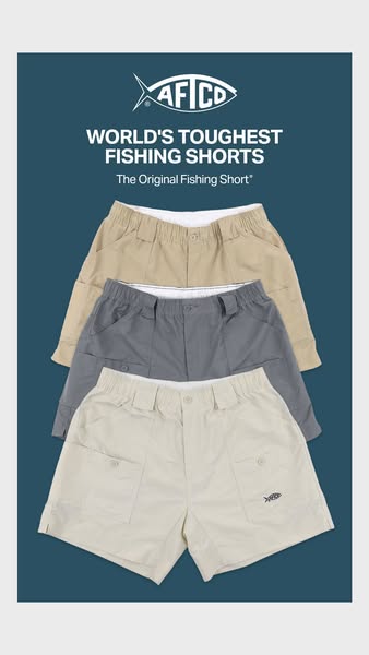This ad features three pairs of AFTCO fishing shorts stacked on top of one another in different colors against a blue ba